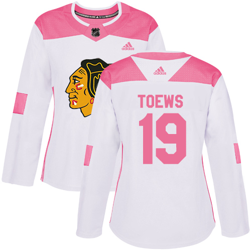 Adidas Blackhawks #19 Jonathan Toews White/Pink Authentic Fashion Women's Stitched NHL Jersey - Click Image to Close